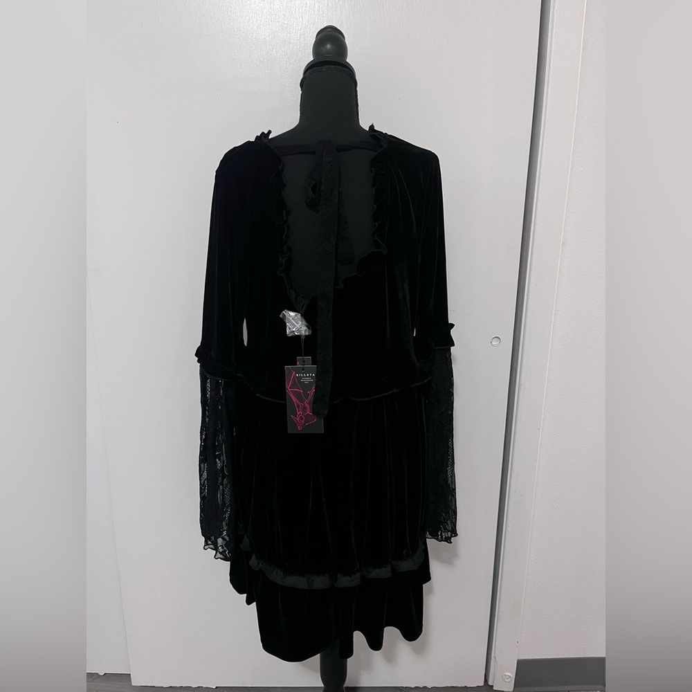 Killstar Black Velvet Midi Dress with Lace Sleeves - Picture 2 of 5